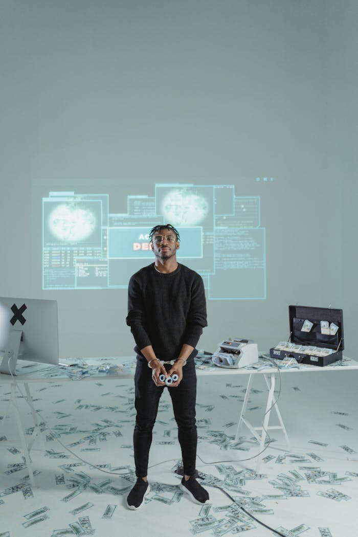 A man in a high-tech room with screens and money on the floor, suggesting cyber themes.